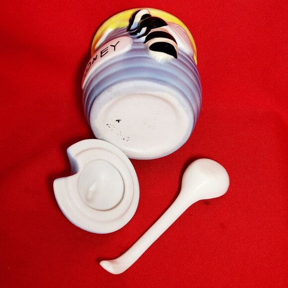 Honey Bee Honey Jar Porcelain Serving Spoon Blue Yellow Painted Ceramic - Picture 10 of 13